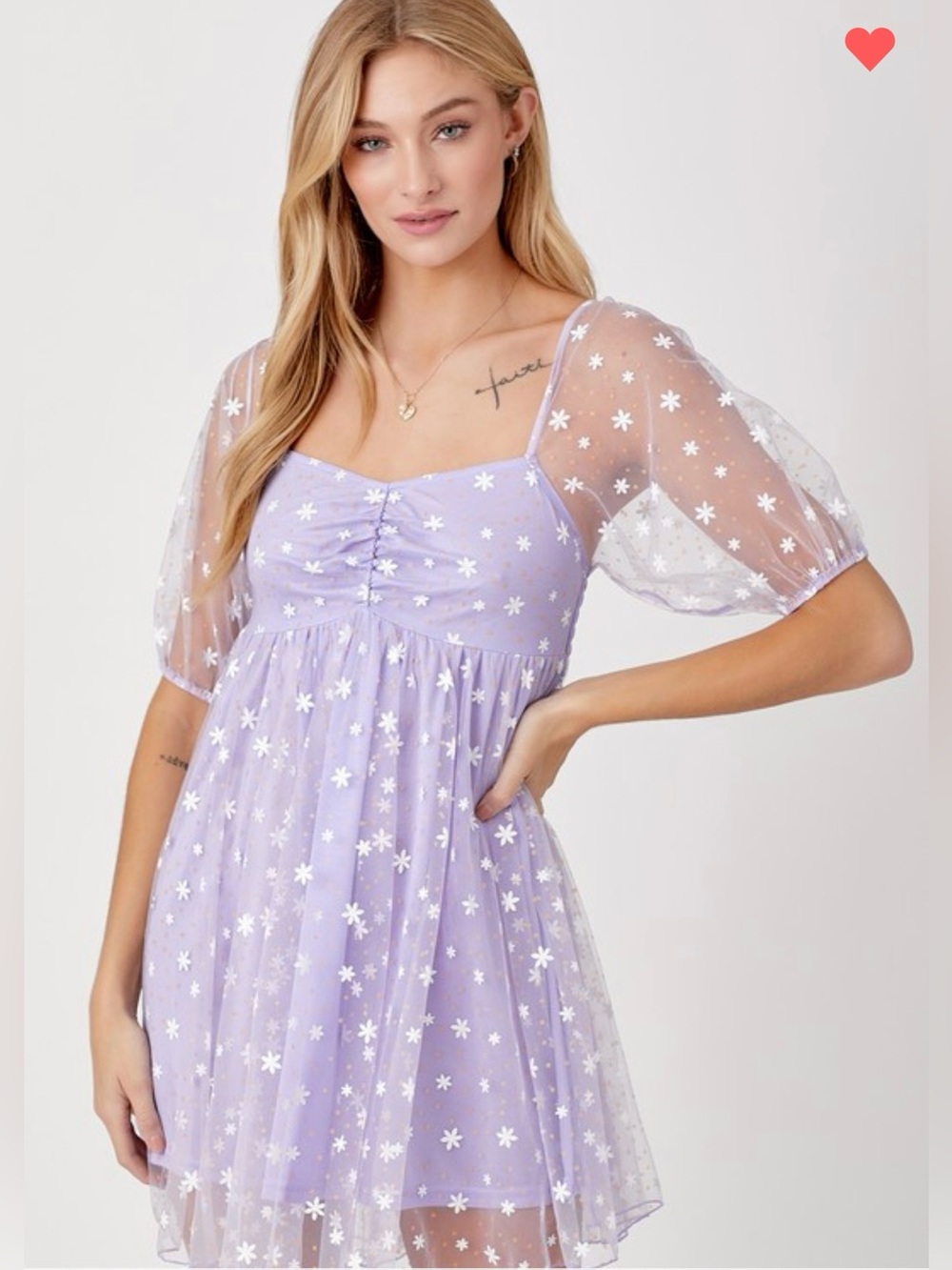 Floral Mesh Puff Sleeve Mini Dress - Lavender